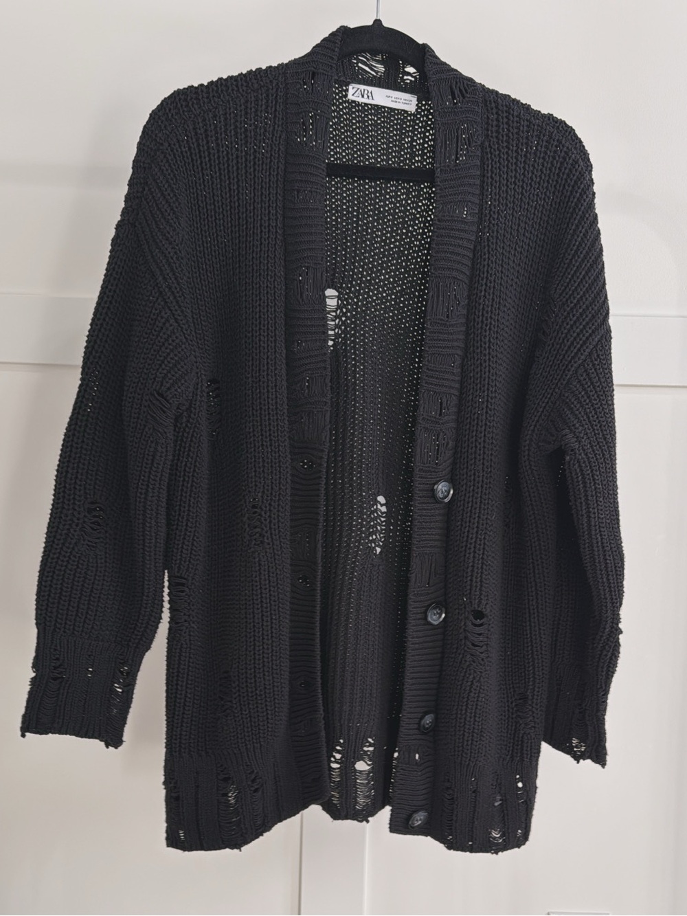 Zara Black Distressed Open-Knit Button Cardigan